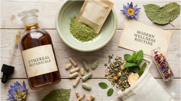 A variety of botanical delivery methods including kratom powder, liquid shots, and chewable tablets.