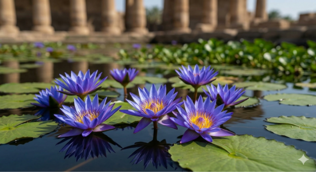 Vibrant Egyptian Blue Lotus flower (Nymphaea caerulea) blooming in its natural habitat.