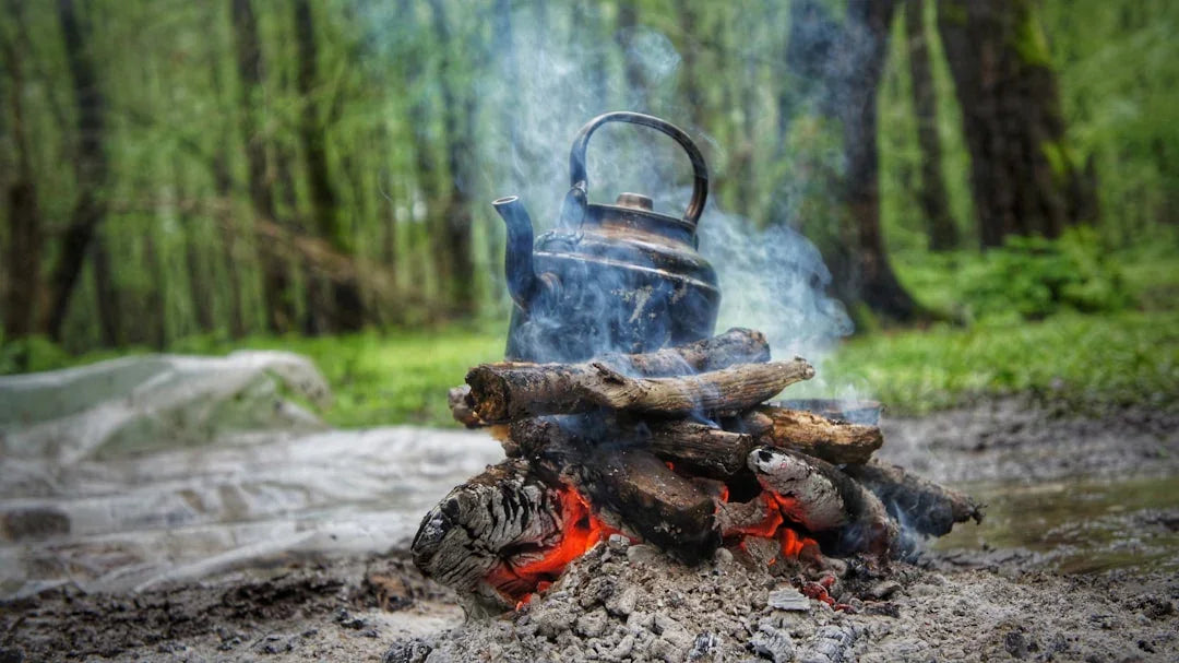 Black kettle heating over a campfire with smoking logs in a forest camping setting