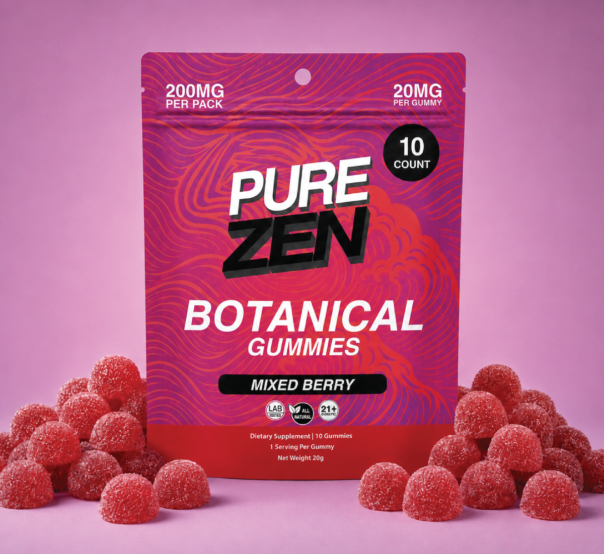 PURE ZEN 20MG Gummies (Mixed Berry) 200mg total per pack