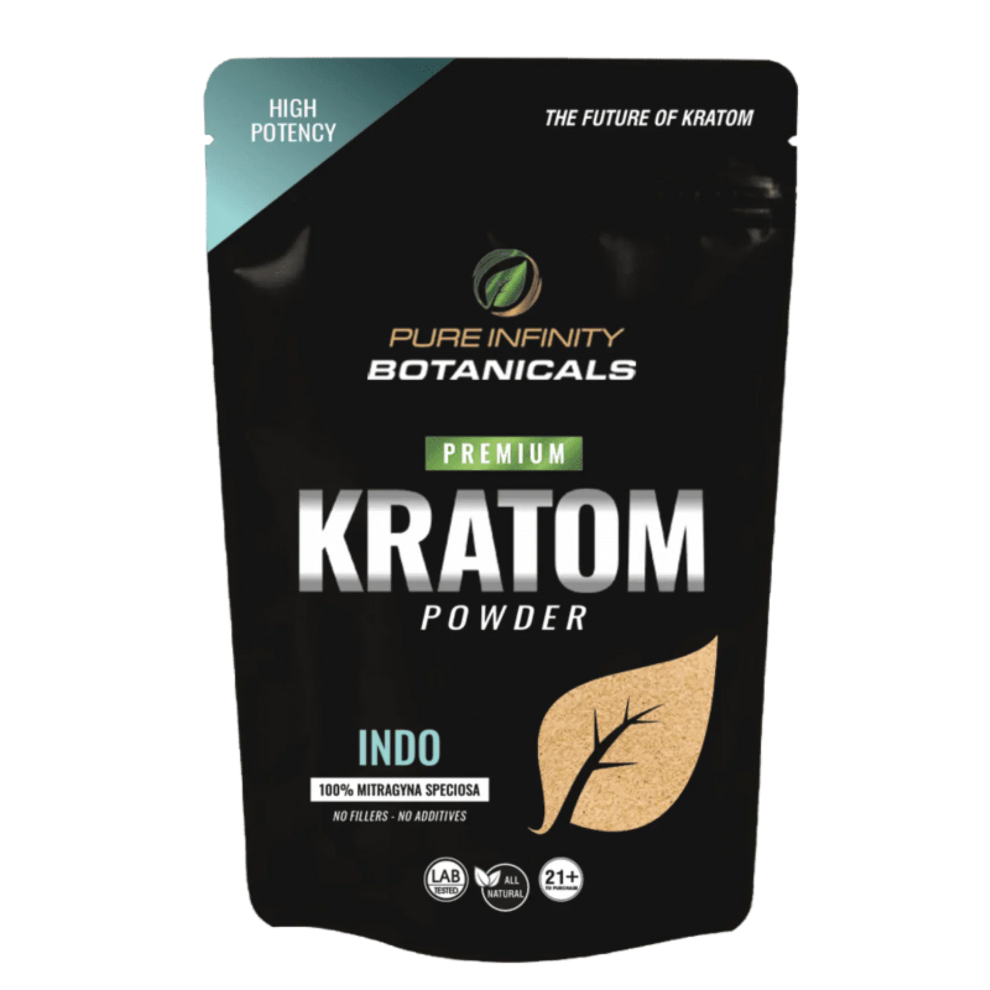 Pure Infinity Botanicals Premium Indo Kratom powder bag, black packaging, high potency