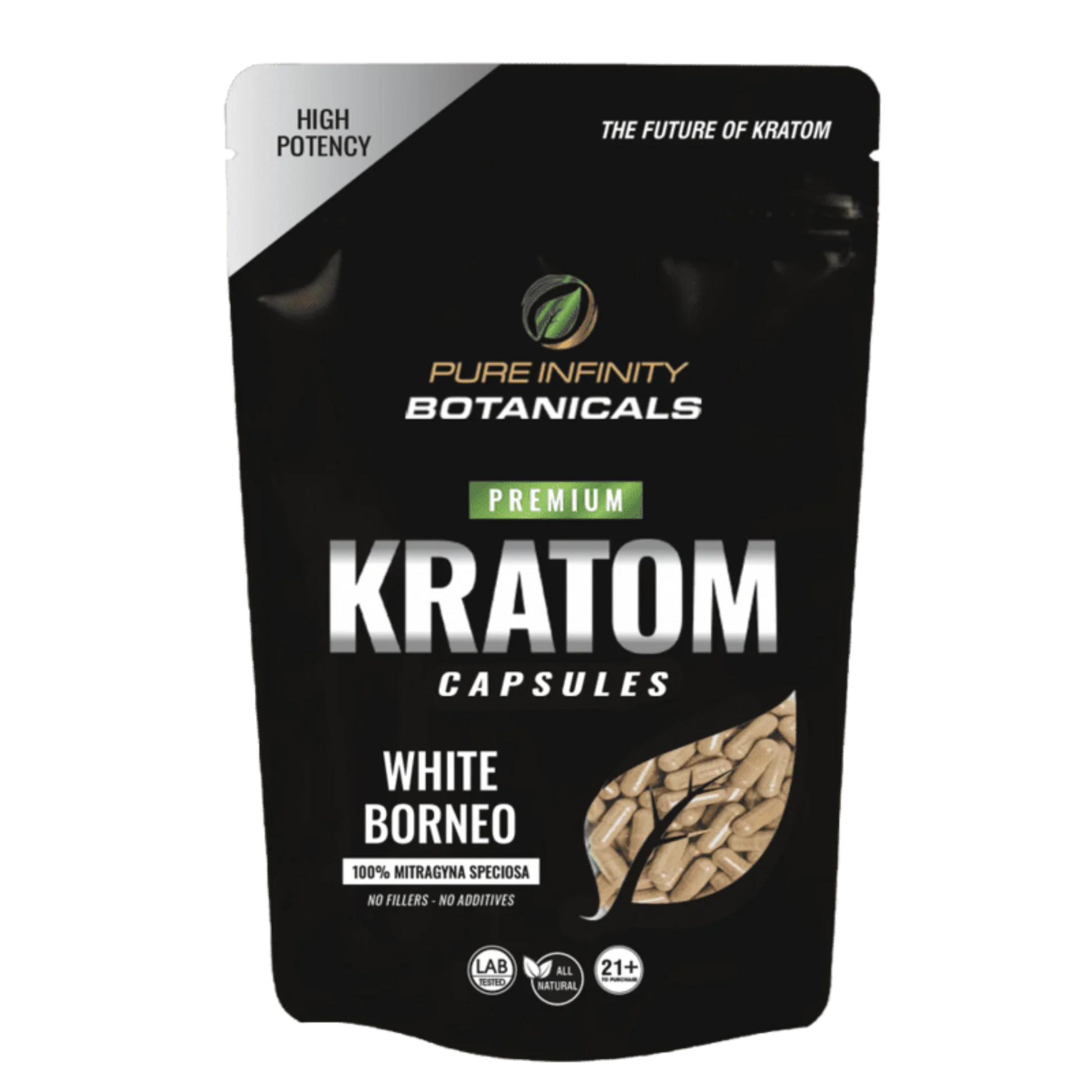 Pure Infinity Botanicals Premium Kratom Capsules White Borneo bag front