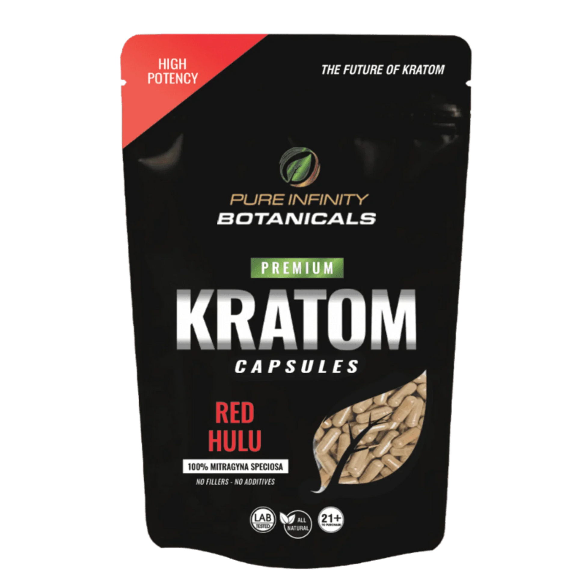 Pure Infinity Botanicals Premium Kratom Red Hulu capsules black pouch packaging